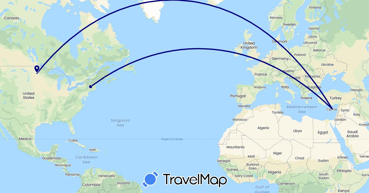 TravelMap itinerary: driving in Cyprus, United States (Asia, North America)